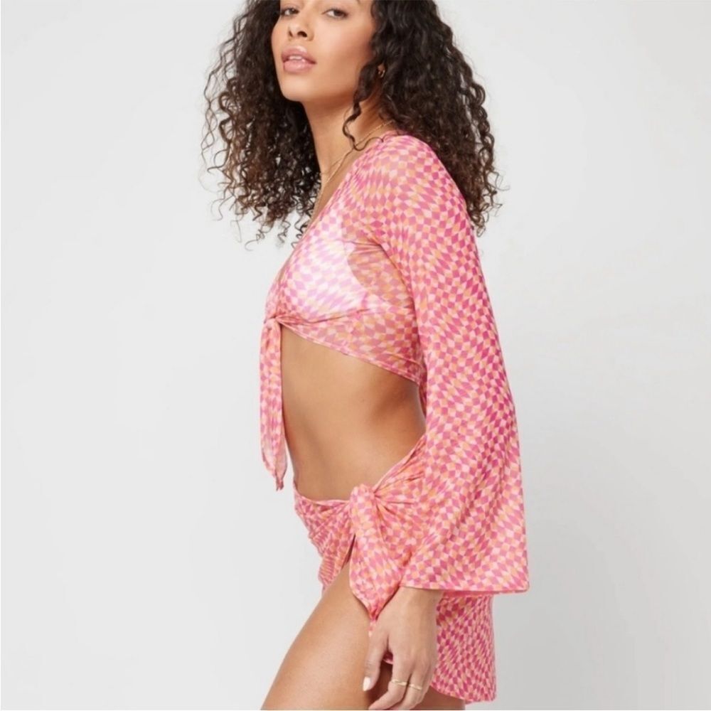 L*Space Cover Up Bandera Top Sheer Mesh Tie Front Pink/Orange Size XS